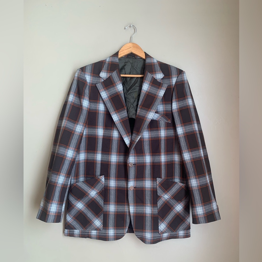 VTG 50’s Brown Orange Plaid Blazer Jacket Sport Suit Coat Retro Rockabilly